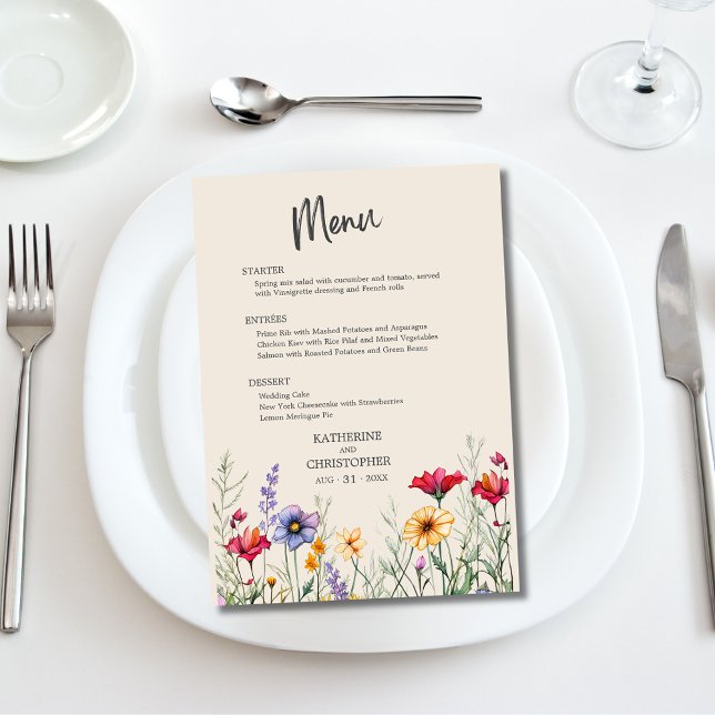 Menu Flores Selvagens Coloridas Elegantes Casamento Beg (Colorful Wildflowers Wedding Menu with purple, orange, red jewel tone flowers, menu choices.)