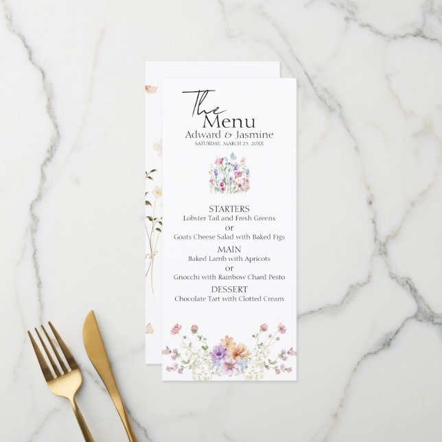 Menu Flores Selvagens de Verão Elegantes para Casamento (Frente/Verso In Situ)