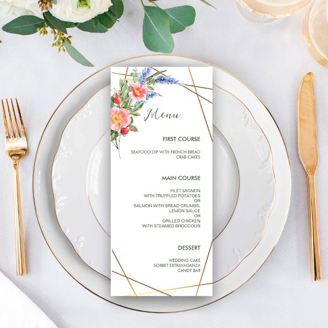 Menu Flores Selvagens Faux Gold Foil Geométrico Frame R (Criador carregado)