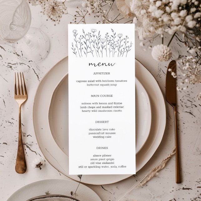Menu Flores Selvagens Linha Arte Chic Moderna Elegante  (Wildflowers Line Art Elegant Chic Modern CUSTOM Wedding Engagement Menu
)