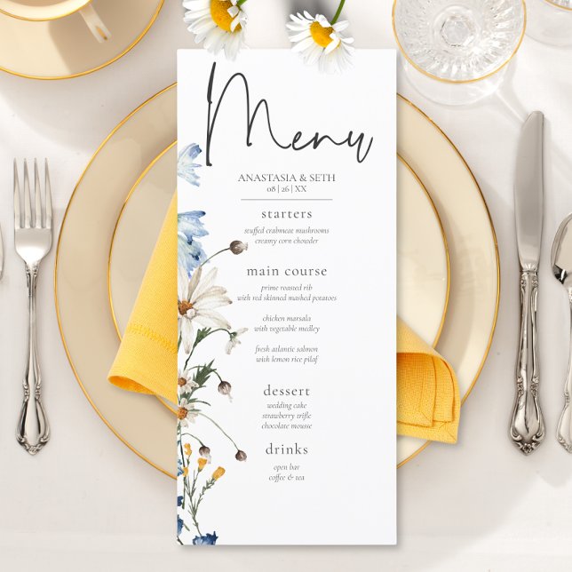 Menu Flores Silvestres e Margaridas Azuis empoeiradas R (Rustic Dusty Blue Wildflowers & Daisies Long Wedding Menu)