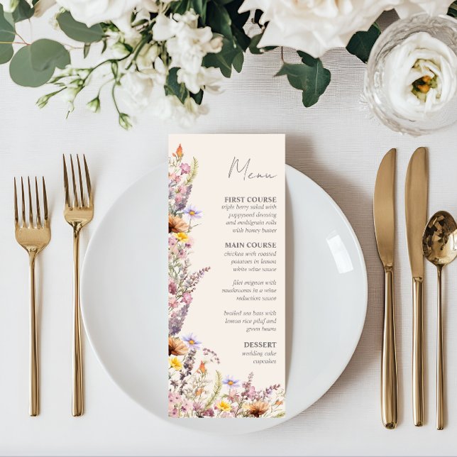 Menu Flores Silvestres Elegantes em Lavanda, Rosa e Cre (Spring Meadow Menu)