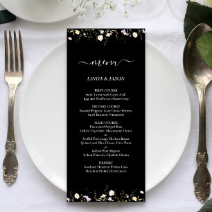 Menu Flores Silvestres Elegantes Preto e Branco Casamen