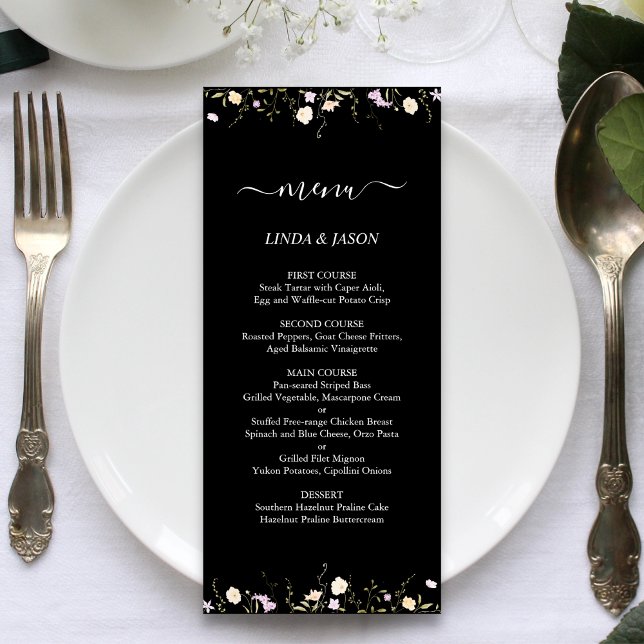 Menu Flores Silvestres Elegantes Preto e Branco Casamen (Black and white wildflowers floral menu adds elegant charm while guiding guests at weddings.)
