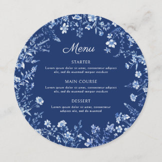 Menu Flores silvestres no cardápio redondo azul francês