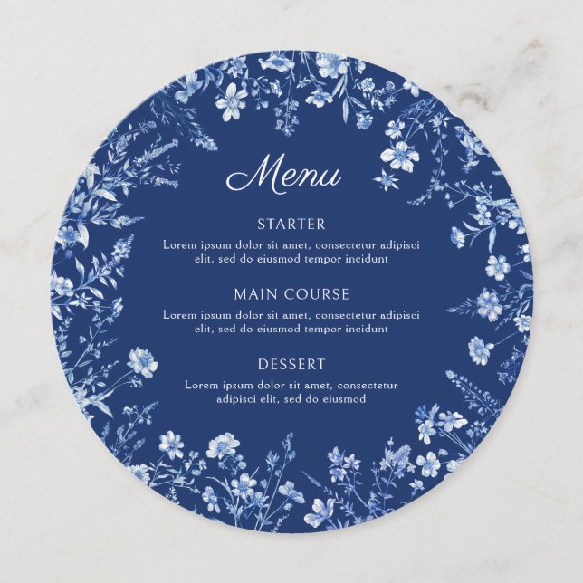 Menu Flores silvestres no cardápio redondo azul francês (Frente)
