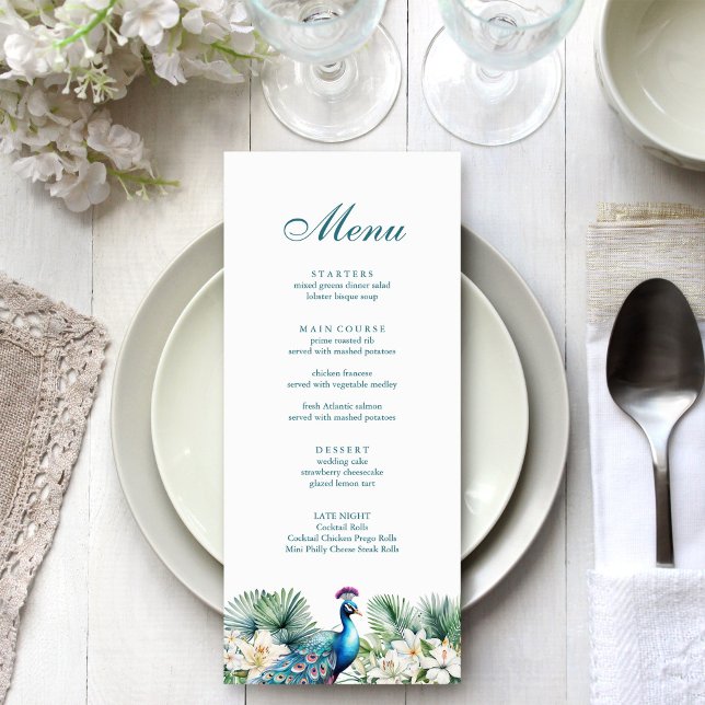 Menu Flores Tropicais Turquesa Casamento Pavão (Teal Tropical Flowers Peacock Wedding Menu on a wedding table.)
