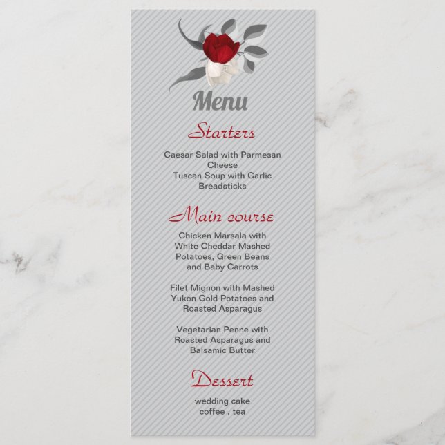 Menu flores vermelhas e brancas folhas prateadas casame (Frente)