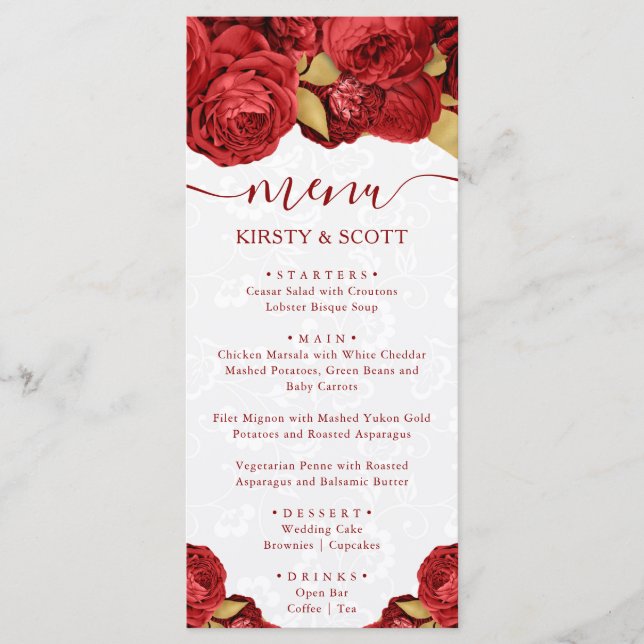 Menu Flores Vermelhas e Douradas de Aquarela Casamento (Frente)