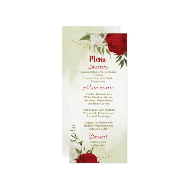 Menu flores vermelhas folhas verdes casamento (Frente/Verso In Situ)
