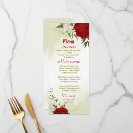 Menu flores vermelhas folhas verdes casamento