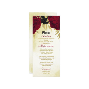 Menu flores vermelhas pretas ouro folhas casamento