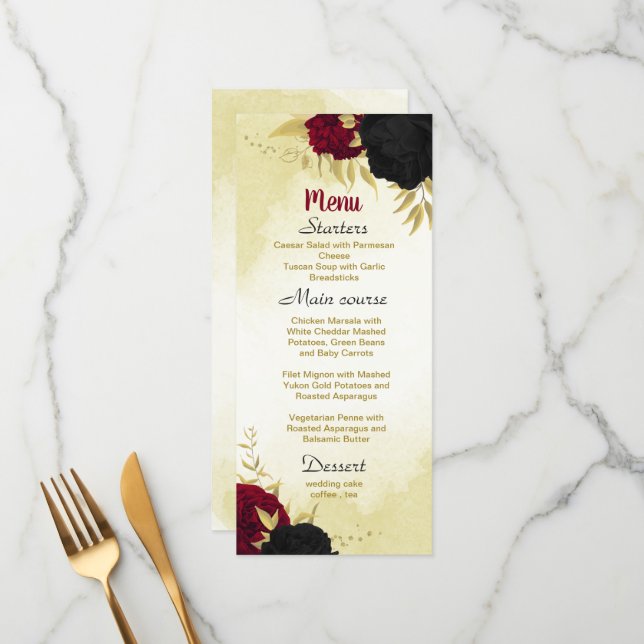 Menu flores vermelhas pretas ouro folhas casamento (Frente/Verso In Situ)