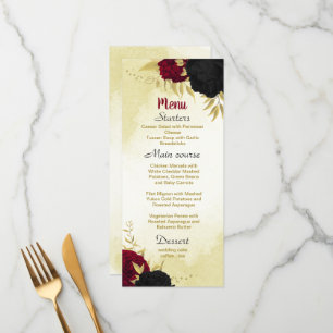 Menu flores vermelhas pretas ouro folhas casamento
