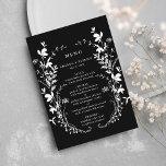 Menu Floresta Silhouette Wreath Black<br><div class="desc">Este elegante cardápio de casamento apresenta flores silvestres como uma coroa e iniciais no verso. Para uma personalização mais avançada deste design,  clique no BOTÃO FERRAMENTA DESIGN AZUL acima! Itens correspondentes também estão disponíveis.</div>