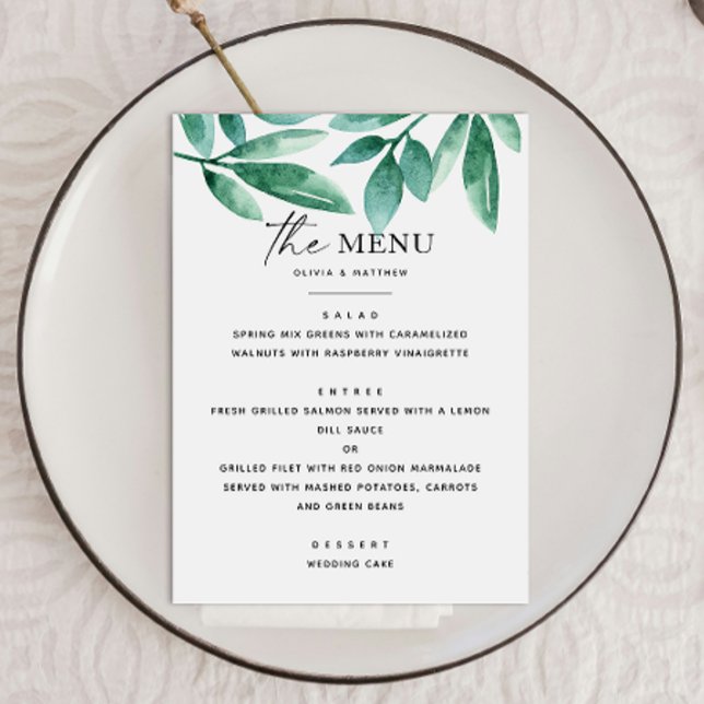 Menu Floresta verde de verão. Casamento botânico floral (Criador carregado)
