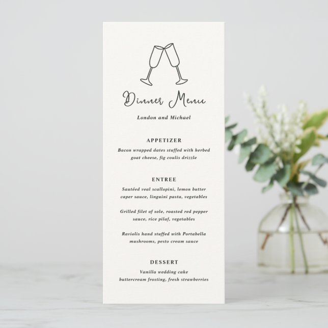 Menu Flutes Desenhadas à Mão Doodle Casamento Moderno (Em pé/Frente)