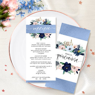 Menu Folha Azul Elegante e Floral Rosa de Quinceañera A