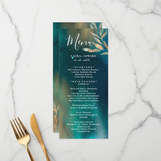 Menu Folha de ouro do céu da galáxia verde-esmeralda (Frente/Verso In Situ)