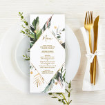 Menu Folhagem Tropical Casamento Dourado e Verde<br><div class="desc">Este cardápio de casamento apresenta folhas de palmeiras aquáticas,  folhas de bananas,  folhas tropicais exóticas e folhas de ouro falsas com uma falsa estrutura em forma de diamante de ouro. É perfeito para um casamento tropical,  praia,  verão ou destino.</div>