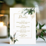 Menu Folhagem Tropical Dourada e Bares de Casamento Ver<br><div class="desc">Este menu de bares de casamento apresenta folhagem tropical verde-aquarela,  monstera,  folhas de palmeiras,  folhas de bananeiras e folhas de ouro falso com uma falso estrutura de retângulo dourado. É perfeito para um casamento tropical,  praia ou destino.</div>