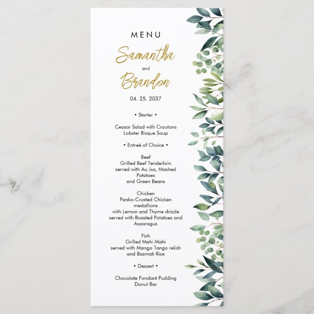 Menu Folhas botânicas elegantes e verdes Casamento (Frente)