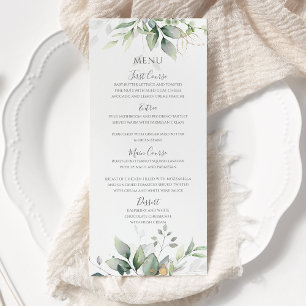 Menu Folhas de Eucalipto Elegantes Verde Dourado Casame
