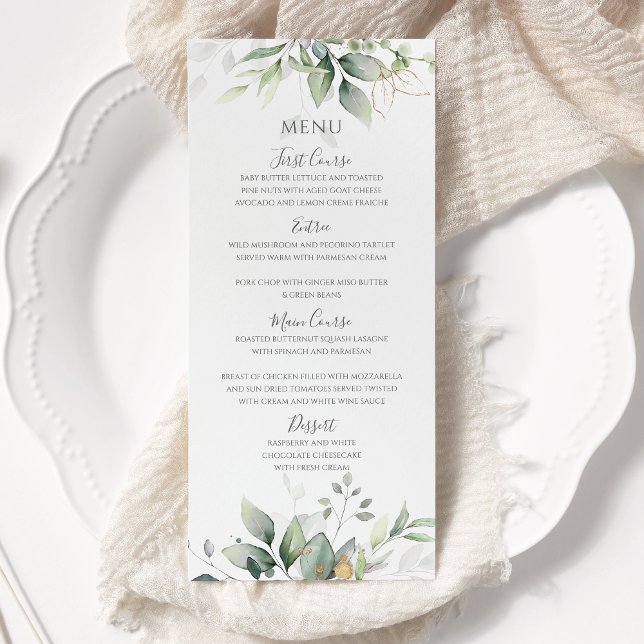 Menu Folhas de Eucalipto Verde Elegante Boda Dourada (Criador carregado)