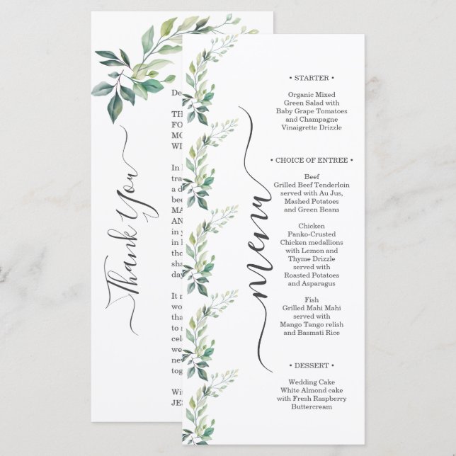 Menu Folhas de Eucalipto Verde Modernas em Aquarela (Frente/Verso)