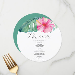 Menu Folhas de Palmeira Aquarela Hibisco Rosa Tropical