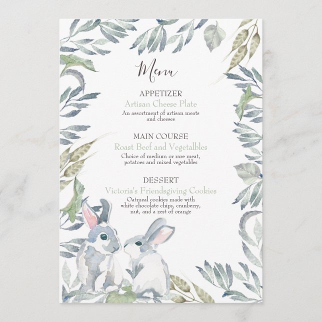 Menu Folhas pintadas e Coelhinhos de Madeira com Cores  (Frente)