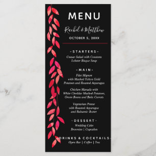 Menu Folhas rosa-quente com aquarelas no casamento negr