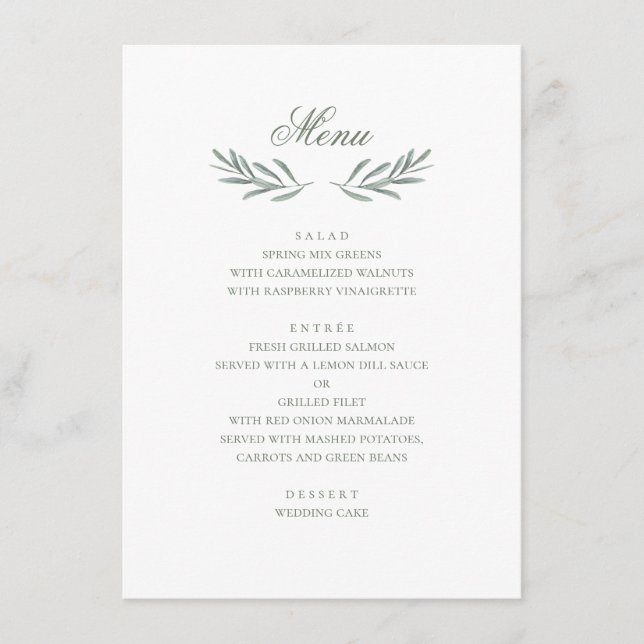 Menu Folhas simples de azeitona. Casamento italiano. Bo (Frente)