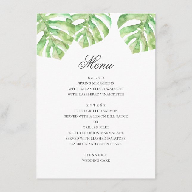 Menu Folhas verdes exóticas. Casamento tropical de verã (Frente)
