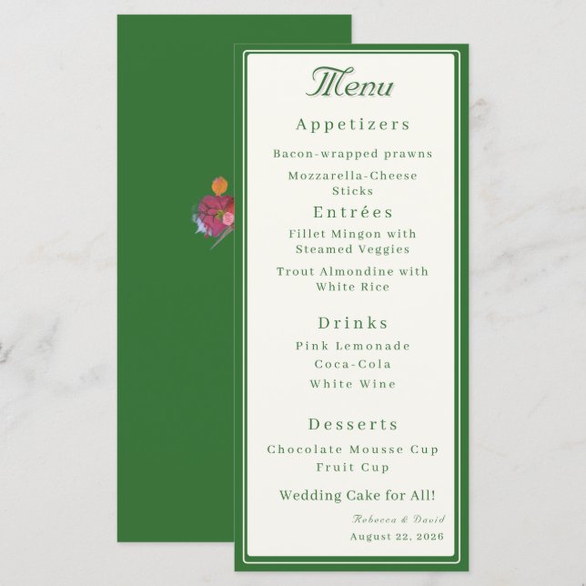 Menu Forest Green Two Hearts Catholic Wedding (Frente/Verso)