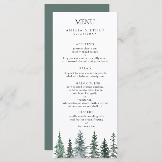 Menu Forest Wintre Watercolor Wedding (Frente/Verso)