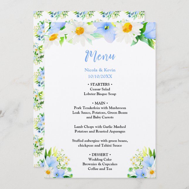 Menu Forget-Me-Nots and Daisies Floral Wedding (Frente/Verso)