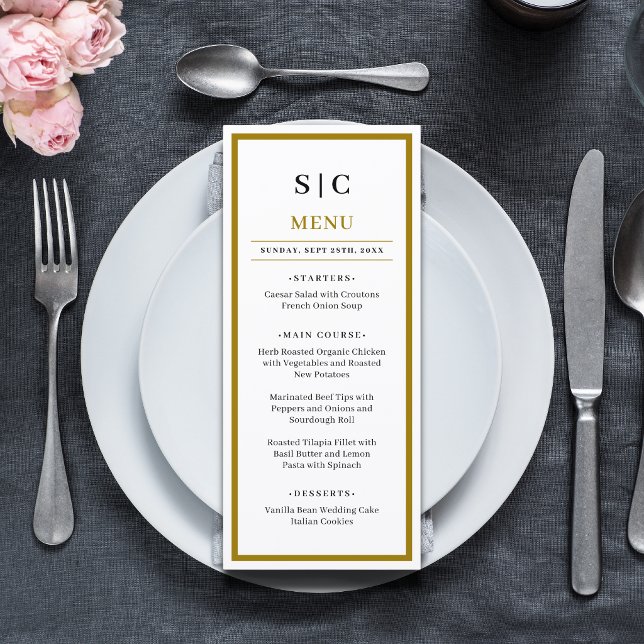 Menu Formal Classic Black Gold Monogram Wedding (Formal black and gold monogram wedding menu adds a refined, elegant touch to reception tables.)
