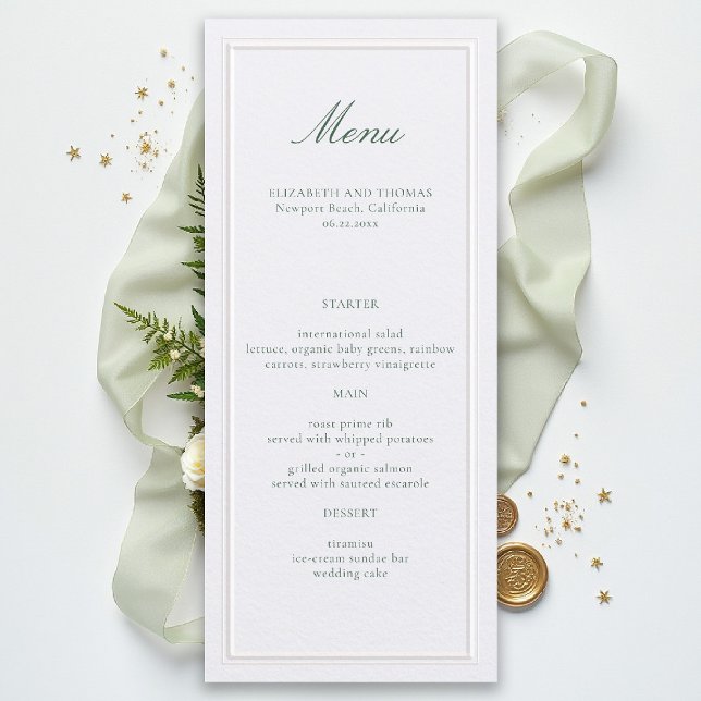Menu Formal Classic Green Elevated Frame Pearl Wedding (formal wedding menu modern classic pearl white double frame green calligraphy)