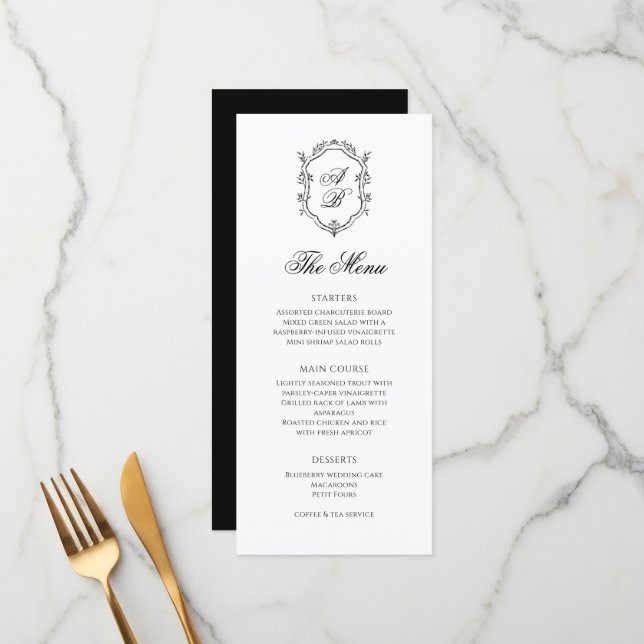 Menu Formal Clássico Negro e Branco Casamento de Crest (Frente/Verso In Situ)
