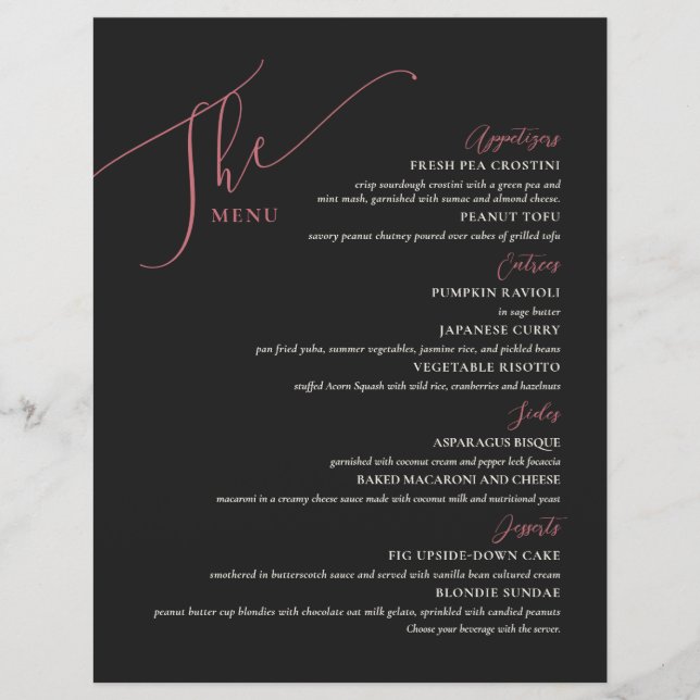 Menu Formal de Casamento Magenta Negra Elegante (Frente)