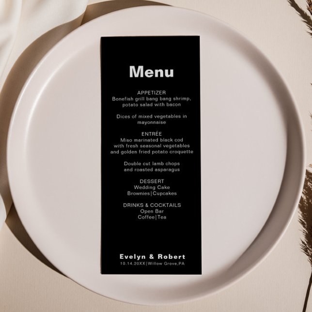 Menu Formal de Casamento Negro Elegante Minimalist (Criador carregado)