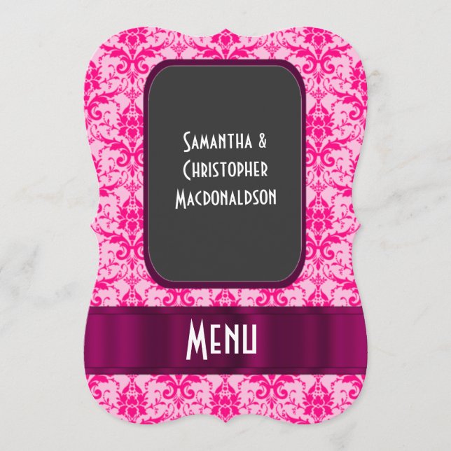 Menu formal do casamento Bright Pink Damask (Frente)