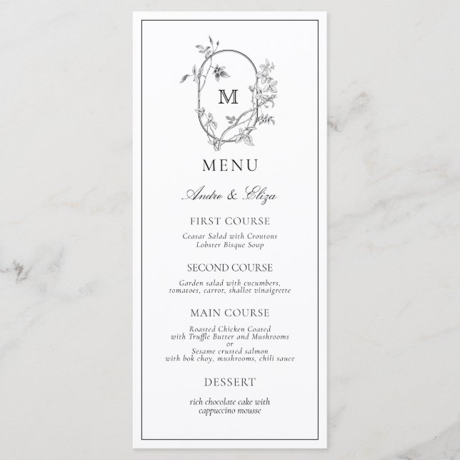 Menu Formal Floral Crest Monograma Casamento (Frente)