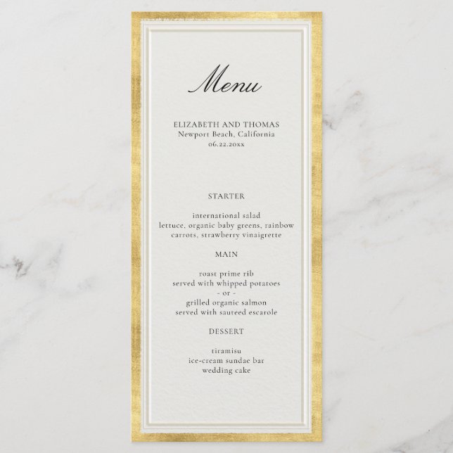 Menu Formal Modern Classic Elevated Gold Ecru Wedding (Frente)