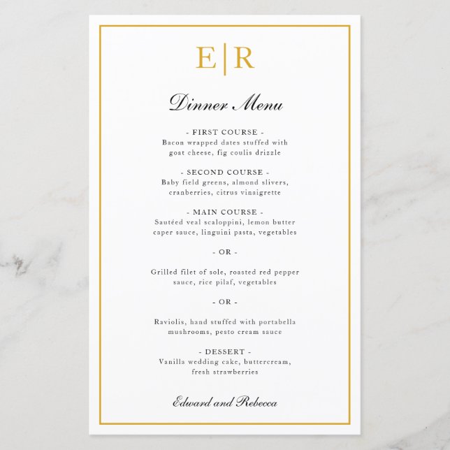 Menu Formal Monograma Dourado Elegante (Frente)