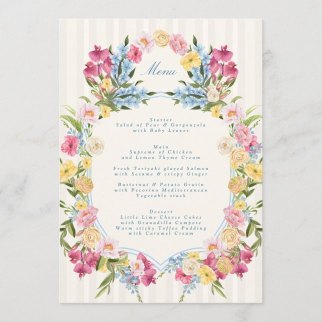 Menu French Blue Floral Monogram Spring Wedding (Frente)