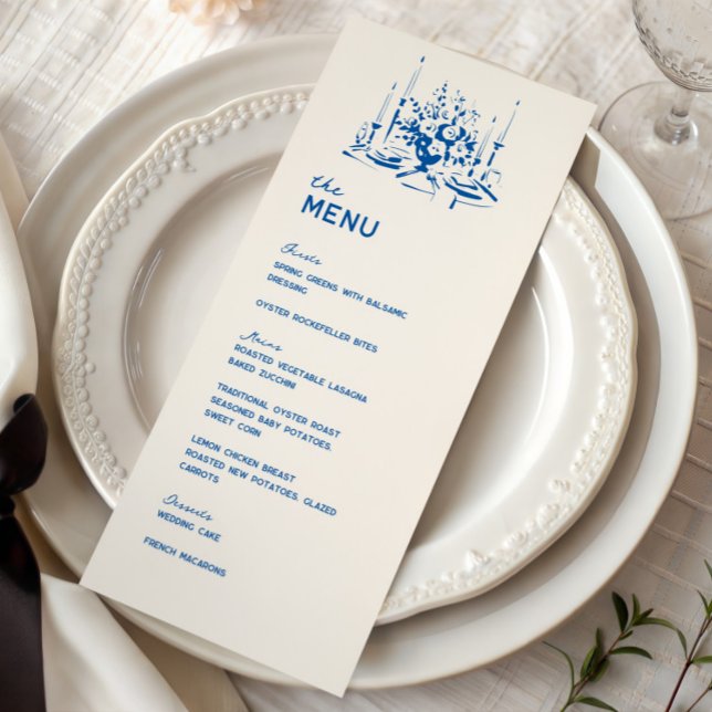 Menu French Blue Whimsical Hand Drawn Wedding Dinner (Criador carregado)