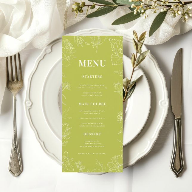 Menu Fresh Bright Lime Green Drawn Floral Bloom Wedding (Criador carregado)