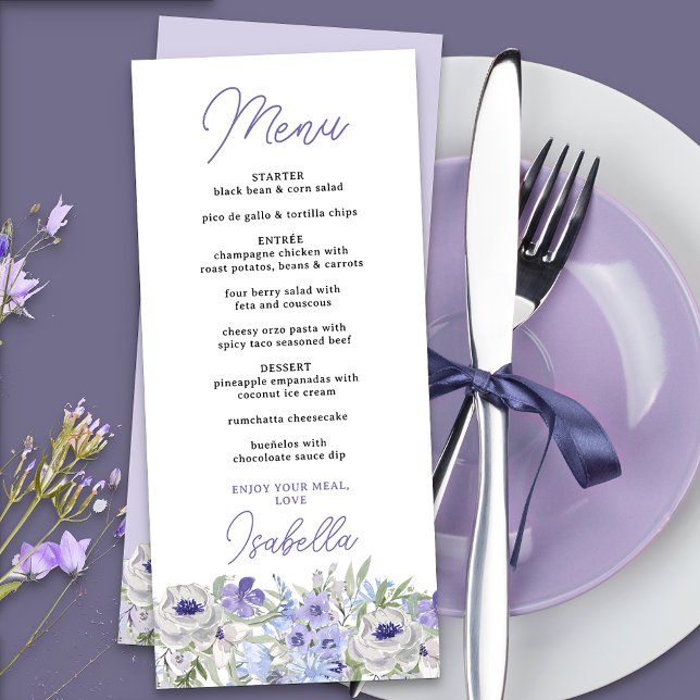 Menu Fronteira Floral de Lavanda Roxa para Jantar (Menu with editable courses and food items, from the purple peri floral collection)
